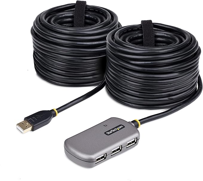 StarTech.com USB Extender Hub 24m USB 2.0 Extension Cable with 4-Port USB-A Hub Active/Bus Powered USB Repeater Cable Optional 10W Power Supply Incl. Level 4 ESD Protection TAA
