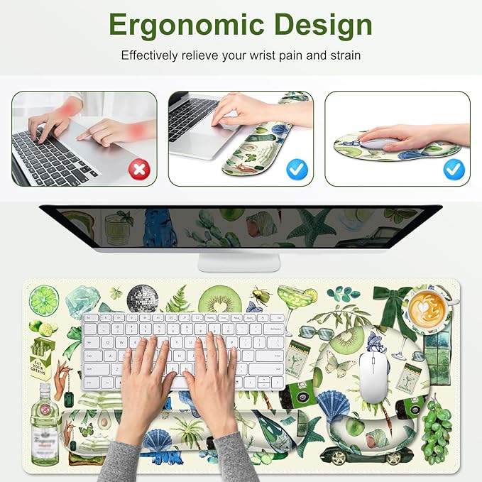 Mouse Pad 4 in1 Large Desk Mat Desk Pad Matt for Desktop Anti-Slip XXL Big Computer Ergonomic Mousepad with Wrist Support for Keyboard and Mouse for Women I Green Theme Stickers
