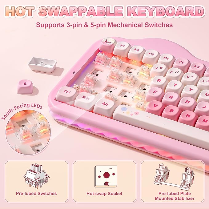 YUNZII C75 Wireless Mechanical Keyboard75% Layout Hot-Swappable NKROBT5.0/2.4G/USB-C ModeDye-Sub PBT MOA KeycapsRGB Gasket MountCute Cake Design for Mac/Win/Gaming (Pink Milk V2 Switch)