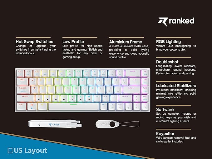 Ranked G65 Guardian 65% | Full Aluminum Frame | Ultra Slim Hot Swappable Mechanical Gaming Keyboard | 68 Keys Multi Color RGB LED Backlit for PC/Mac Gamer (White Gateron Low Profile Brown)