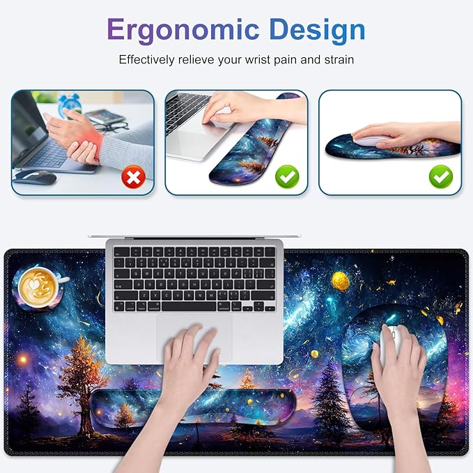 4 in 1 Large Mouse Pad Keyboard Wrist Rest Set Ergonomic Non-slip Waterproof Colorful World