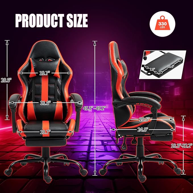 Massage Gaming Chair w/Footrest Ergonomic High Back PC Chair w/Headrest and Lumbar PU Swivel Home Desk Office Chair Red