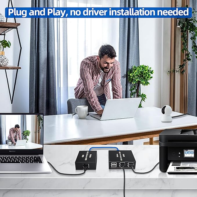 USB Extender Over Ethernet 200ft USB2.0 HUB 6ports RJ45 Cat5e/6 up to 480Mbps Plug &amp Play for USB Camera、touchscreens、Scanner Storage Hard Drive PC WindowsMacOSAndroid