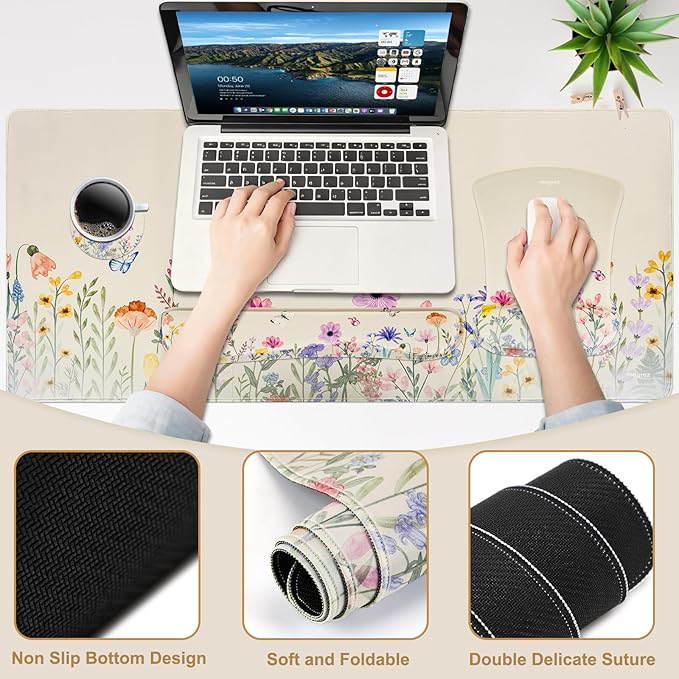 MEGREZ 4-in-1 Ergonomic Memory Foam Wrist Rest Set Desk Pad Mouse Pad with Wrist Rest Keyboard Pad Suitable for Office Workers Programmers &amp Gamers–Relieve Typing &amp Gaming Fatigue Light