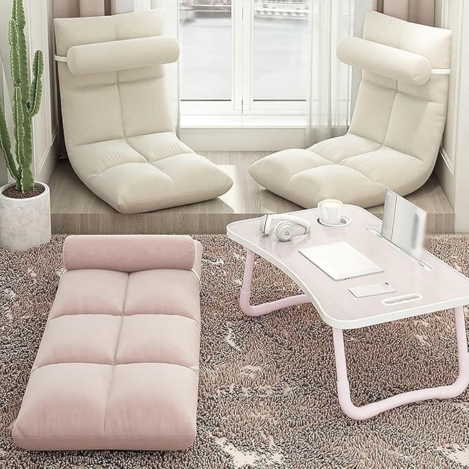 ELEFOCUS Adjustable Floor Chair with Back Support - Folding Sofa Bed Couch 5 Positions Padded Recliner for Gaming Meditation(C)