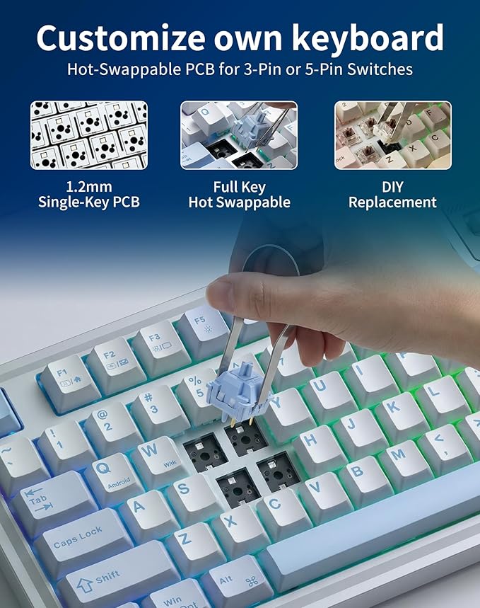 Aula AU75 Wireless Mechanical Keyboard Hot Swap Gasket Gaming Keyboard with Knob BT/2.4G/Wired Custom Keyboard 4000mAh Battery 75% Five-Layer Padding PBT Keycaps RGB Side-Strip for Win/Mac/PC