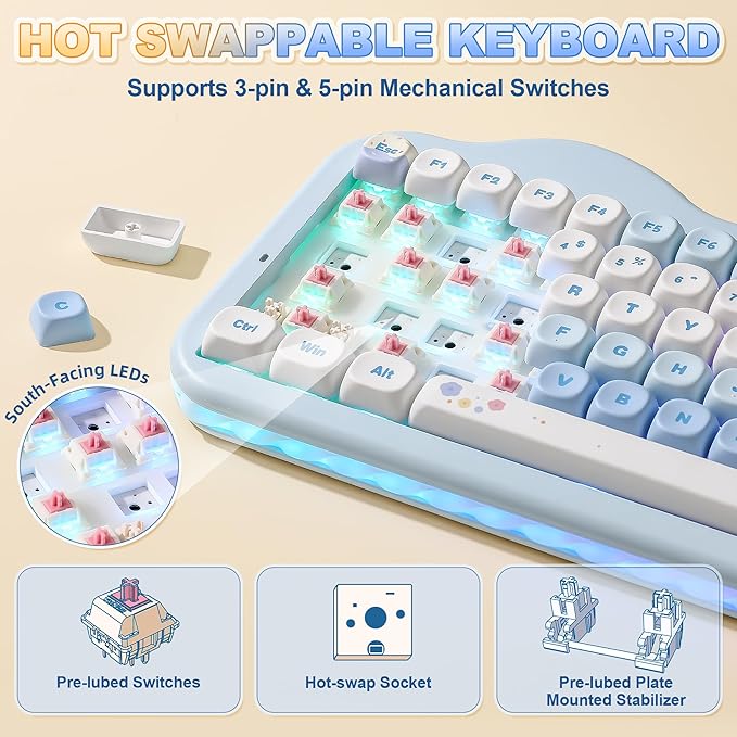YUNZII C75 Wireless Mechanical Keyboard75% Layout Hot-Swappable NKROBT5.0/2.4G/USB-C ModeDye-Sub PBT MOA KeycapsRGB Gasket MountCute Cake Design for Mac/Win/Gaming (Blue Candy Switch)