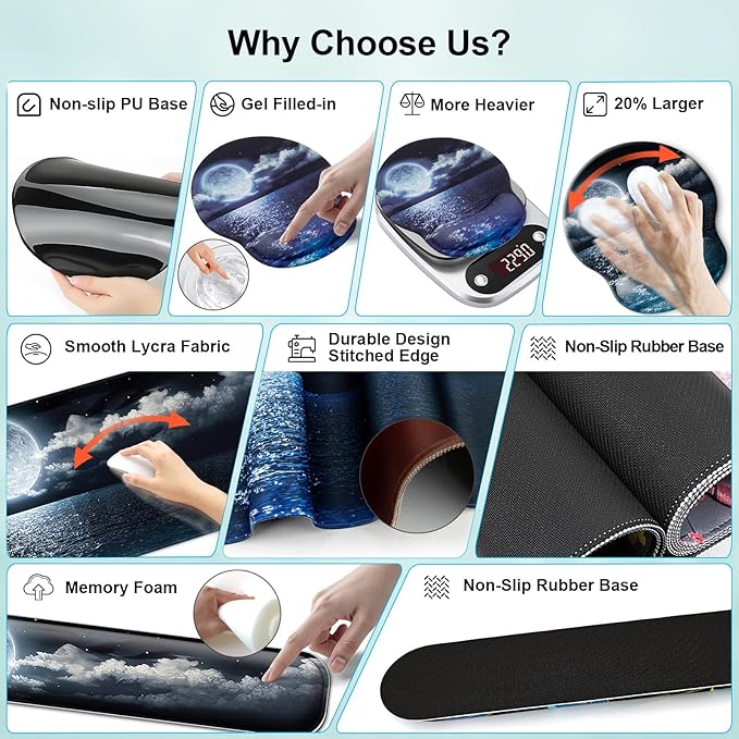 Mouse Pad + Desk Mat + Keyboard Wrist Rest + Coaster 4 in 1 Set Cute Ergonomic Large Gaming Mousepad with Wrist Rest Support Desk Pad for Computer Laptop Office Home Decor-Moon Ocean