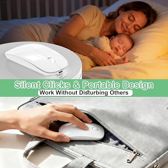 Wireless Mouse for Laptop/MacBook Air/Pro &amp iPad Mouse Jiggler Mode Bluetooth 5.2/2.4G Rechargeable Silent Click 3-Level DPI Slim Portable USB-A&ampC Receiver (Mouse Jiggler Mode White)