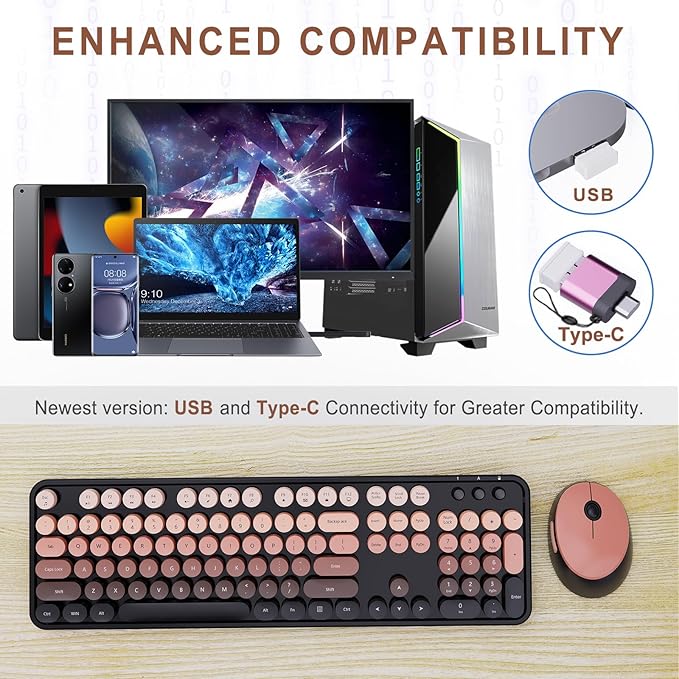 Wireless Keyboard and Mouse Combo Ergonomic Full Size Typewriter Retro Round Keycaps Keyboard Compatible with Windows PC Perfer for Home and Office Keyboards (Aurora Red)