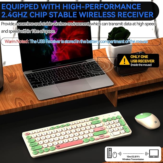 FD Wireless Keyboards and Mouse Combo - 2.4GHz USB Cordless Cute Wireless Keyboard Round Keys Quiet and Slim Set for Laptop Computer TV and Mac - Milky White Green Colorful