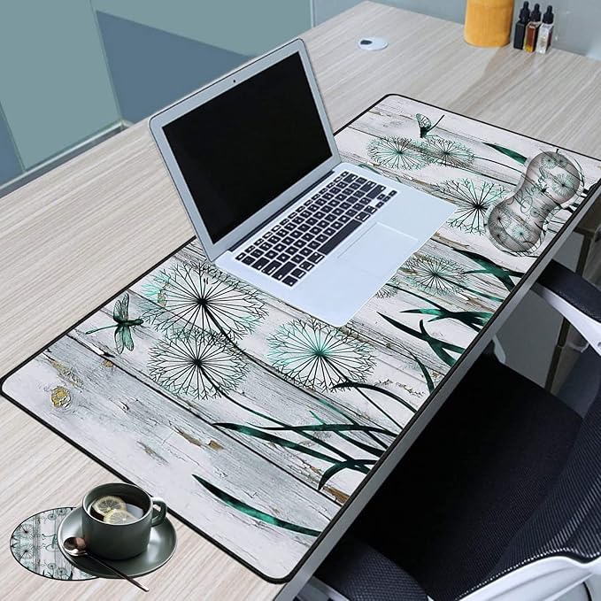 Large Game Mouse Pad + Wrist Support Pad + Coffee Coaster Dandelion and Blessed Foldable Table Mat with Stitched Edge Non-Slip Set Pad Suitable for Office Work and Home