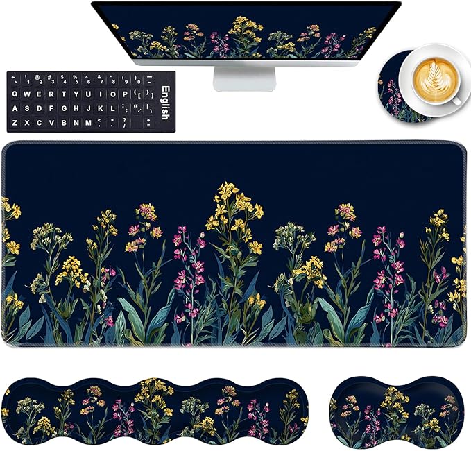 Keyboard Wrist Rest and Mouse Pad with Wrist Support Set Ergonomic CoasterMemory FoamEasy Typing Pain ReliefLarge XL Desk Mat 31.5x 11.8Garden Flowers