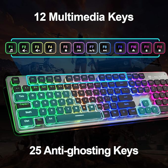 LANGTU Membrane Gaming Keyboard Colorful LED Backlit Quiet Keyboard for Study All-Metal Panel USB Wired 25 Keys Anti-ghosting Computer Keyboard 104 Keys - L1 Black/Silver…
