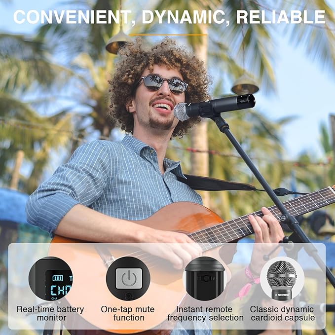 Phenyx Pro Dual Digital Wireless Microphone System w/Handheld Dynamic Microphone Bodypack Transmitter Mini Receiver 2x15 UHF Frequencies Headset/Lapel Mic for Singing (PDP-2-1H1B)