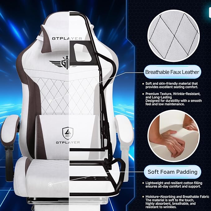 GTPLAYER Gaming Chair Video Game Chairs with Footrest and Lumbar Support Computer Chair for Adults with Extended Backrest Ergonomic Reclining Silla Gamer Fabric Brown