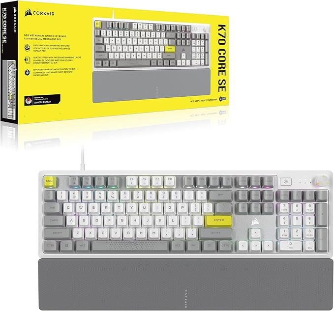 Corsair K70 CORE SE RGB Mechanical Wired Gaming Keyboard with Palmrest – Pre-Lubed MLX Red Linear Switches SOCD PBT Dye-sub Keycaps Sound Dampening Media Control Dial QWERTY NA – White