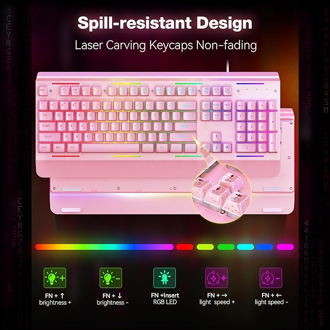 TECKNET Gaming Keyboard USB Wired Computer Keyboard 15-Zone RGB Illumination IP32 Water Resistance 25 Anti-ghosting Keys All-Metal Panel (Whisper Quiet Gaming Switch)