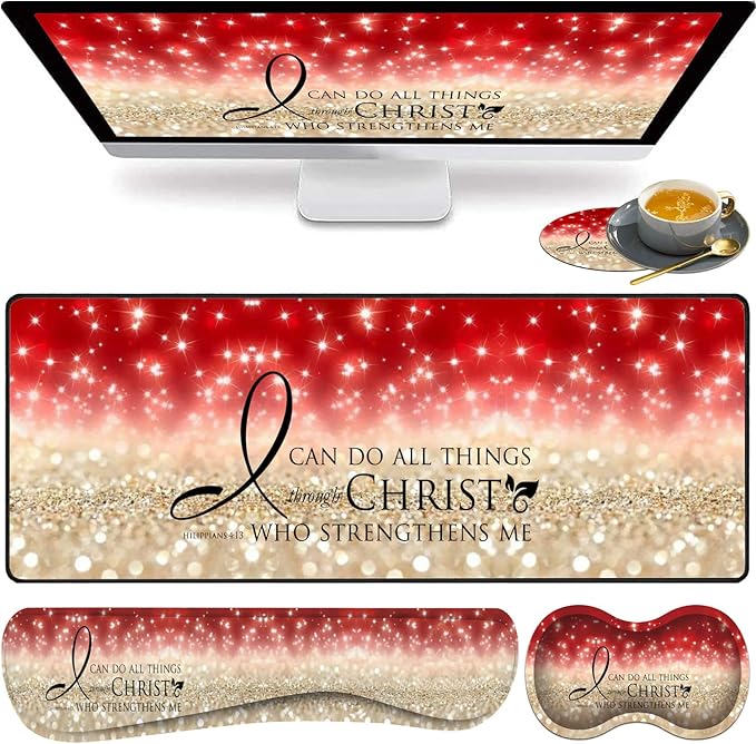 Large Gaming Mouse Pad Keyboard Wrist Rest pad + Mouse Wrist pad + Coaster Set Extended Waterproof Non-Slip Table mat Suitable for Home Office Learning Games - Bible Verse Pink Philippians 4-13
