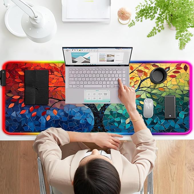 RGB Fantasy Tree of Life Gaming Desk Mat Computer Keyboard Large Extended Long Abstract LED Mouse Pad for Office and Home XL (W04)