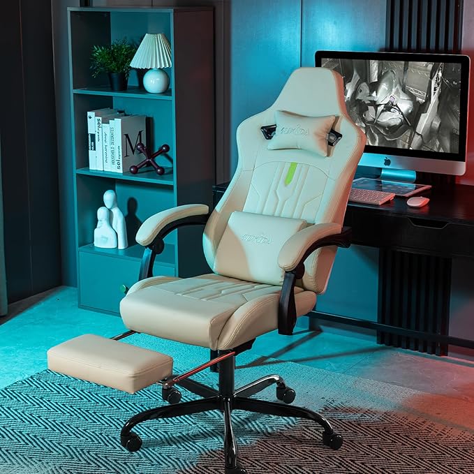 Gaming Chair with Footrest Ergonomic Computer Chair Massage Lumbar Cushion Racing Video Game Chair Adjustable Rocker Recliner Executive Office Desk Chair Pu Leather for Adults