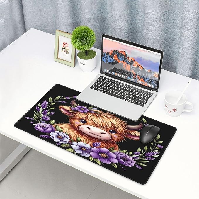 Cute Highland Cow Purple Floral Mouse Pad Non Slip Large Desk Keyboard Mat Gaming Protection Pad 16X29.5 Inch
