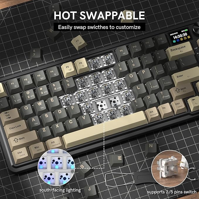 Redragon K751 75% Wireless Mechanical Gaming Keyboard for PC/Mac Bluetooth 5.0/2.4GHz/USB C Wired Creamy Keyboards with Screen/Knob/RGB/Backlit/Linear Switches Hot Swappable Gasket (Retro Brown)