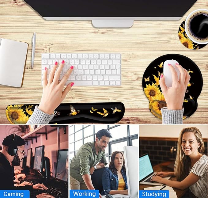 Mouse Pad Wrist Support and Keyboard Wrist Rest Pad with CoasterNon-Slip Rubber Base Ergonomic Gaming Mousepad for Home Office Working Studying Easy Typing &amp Pain ReliefBirds Sunflower Butterfly