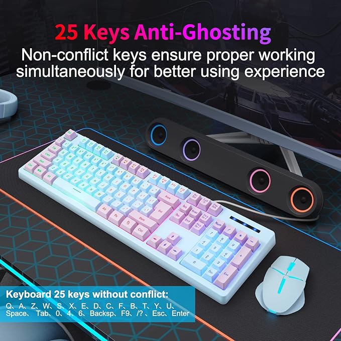 HUO JI Gaming Keyboard USB Wired with Rainbow LED Backlit Floating Keys Mechanical Feeling Spill Resistant Ergonomic for Xbox PS Series Desktop Computer PC Blue Purple