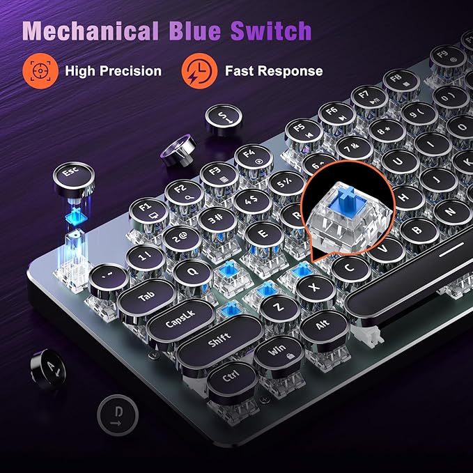 RisoPhy Typewriter Style Mechanical Gaming Keyboard Metal Panel Retro Punk Round Keycaps Clicky Blue Switch Rainbow LED Backlit 104 Keys Wired Keyboard Round Keycaps for PC Laptop Mac Gamer