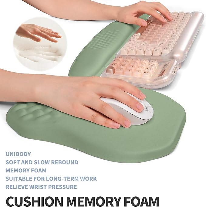 2-in-1 Ergonomic Set Wave Keyboard Wrist Rest and Massage Slope Mouse Pad Wrist Support Rebound Memory Foam for Relieve Carpal Tunnel Syndrome and Wrist Pain (Olive Green)
