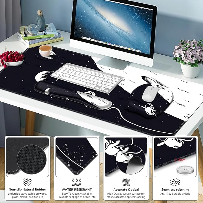 Large Mouse Pad Keyboard Wrist Rest Set Ergonomic Non-slip Washable Wrist Support Waterproof 35.4 x 16 inches Space Astronaut