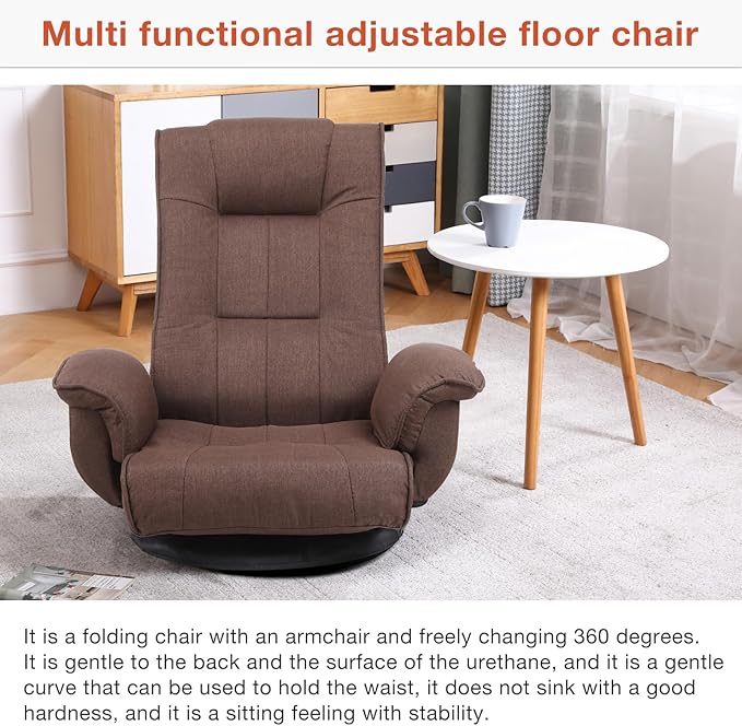 Ergonomic Swivel Floor Gaming Chair with Armrests &amp Side Pockets 6-Position Reclining Sofa Bed Foldable Padded Lounger with Thick Cushion &amp Lumbar Support for Esports Reading TV Watching (