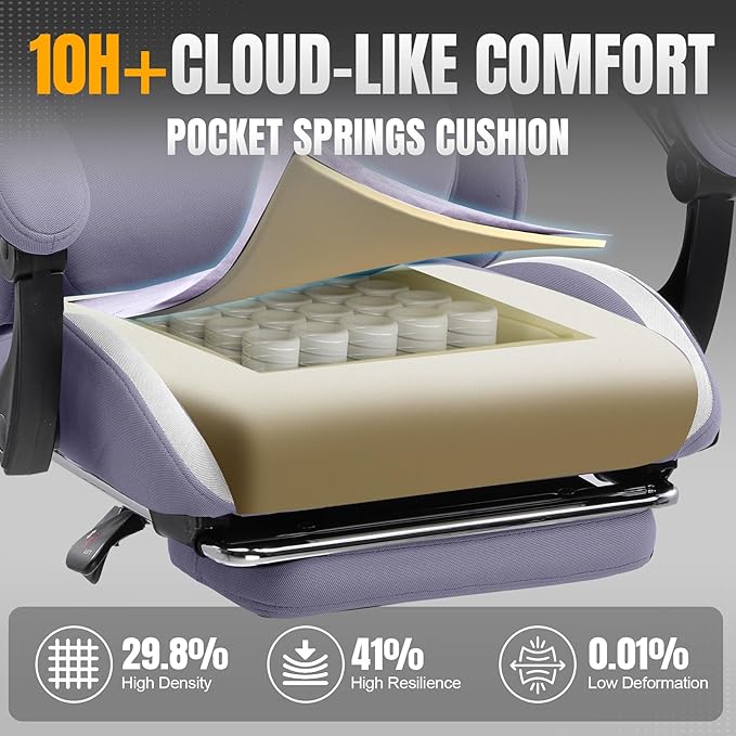 GTPLAYER Gaming Chair with Foot Rest &amp Pocket Spring Cushion Ergonomic High Back Computer Desk Chair with Headrest &amp Lumbar Support for Back Pain Relief Breathable Fabric Purple