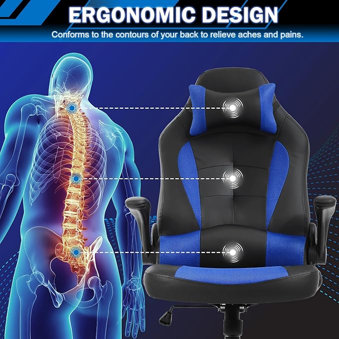 Gaming Chair Racing Chair with Lumbar Support - High Comfort PU Leather Ergonomic Office Desk &amp PC Gaming Chair for Adults Men Women - Flip-Up Arms &amp Headrest Blue