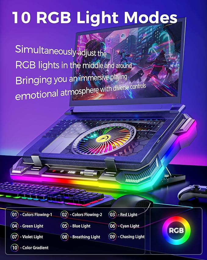 AICHESON Gaming Laptop Cooling Pad with Full RGB Lights Powerful Cooler Fan Stand for 15-19 inch Gamer Laptops and PC Computers