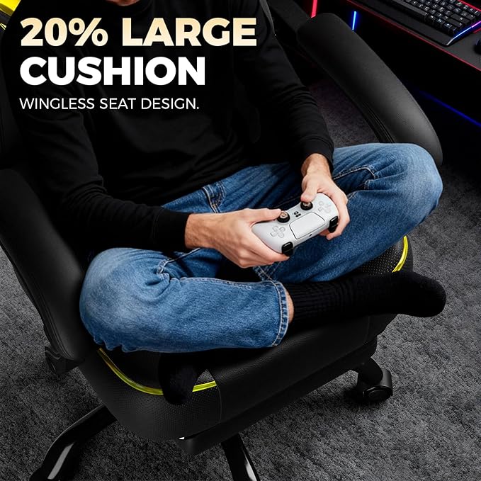 GTPLAYER Big and Tall Gaming Chair for Adults Ergonomic Office Chair with Footrest Heavy Duty 350 lbs Capacity High Back Premium Leather &amp Iridescent Trim ACE-Armor Yellow (Iridescent)