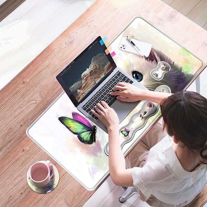Mouse PadLarge Desk Mat Set 4in1 XL Mousepad + Keyboard Wrist Rest+Mouse Wrist Rest+Coaster with Ergonomic Desk Pad for Home Office Table Computer Cover -Kitten and Colorful Butterfly
