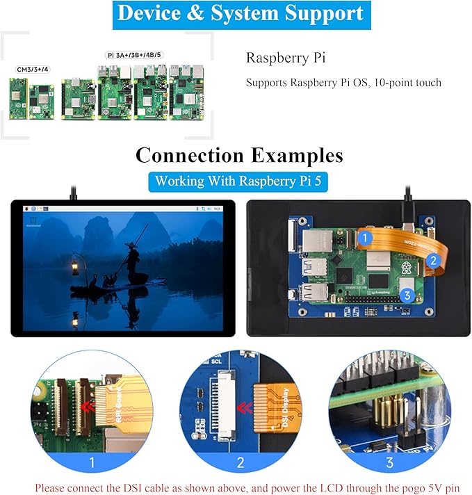 7inch DSI LCD Compatible with Raspberry Pi 5/4B/CM4/3B+/3A+/3B/Compute Module 5/CM5/CM4/CM3+/CM3 1280 x 800 Capacitive Touch Screen IPS Display Optical Bonding Toughened Glass Panel 10-Point Touch