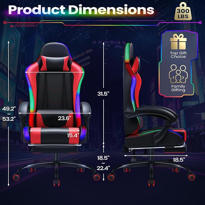 Homall Gaming Chair Video Game Chair with Footrest and Massage Lumbar Support Ergonomic Computer Chair Height Adjustable with Swivel Seat and Headrest (RGB Red)