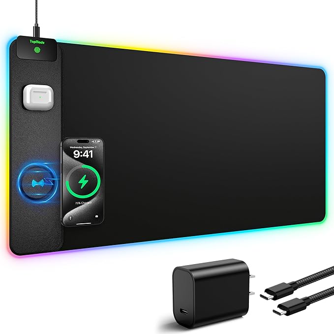 TopMade RGB Gaming Mouse Pad with 15W Wireless Charging 31.5” x 15.8” XXL Large Desk Mat Home Office Keyboard Pad for Desk Waterproof Mousepad with 4 Light Modes &amp 11 RGB Colors Classic Black