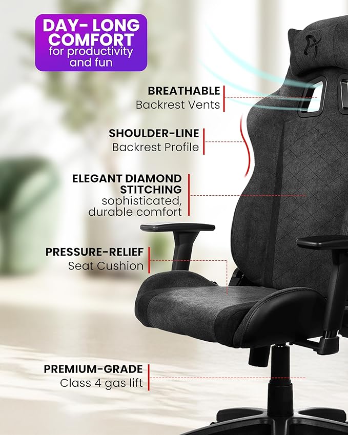 Arozzi Avanti Gaming Chair - Soft Fabric Ergonomic Gaming Chairs for Adults - Adjustable Height Backrest &amp Armrest with Head Pillow - Home Office Setup Professional Computer Chairs Dark Grey