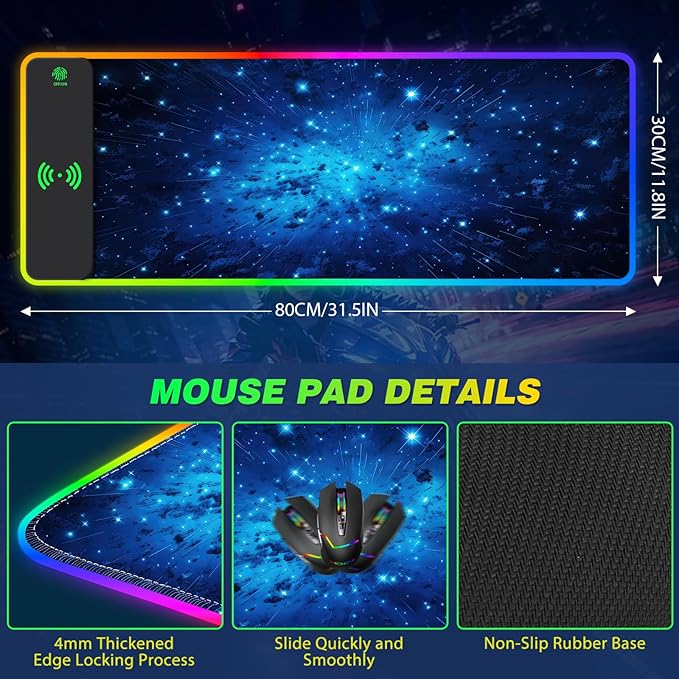 AIMSA RGB Gaming Mouse Pad with Wireless Charging Large Keyboard Mouse Pad with 14 LED Light Modes Non-Slip Rubber Base Waterproof Desk Pad for Home Office Decor Blue Meteor Starry Sky
