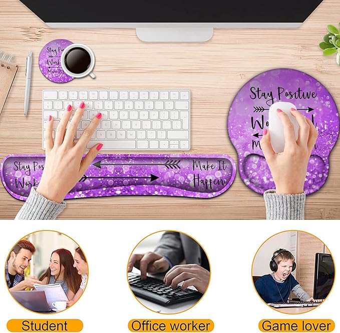 Keyboard Wrist Rest and Mouse Pad with Wrist Support Ergonomic Mouse Pad CoasterEasy Typing Pain ReliefKeyboard Mousepad SetStay Positive Work Hard and Make It Happen Purple Glitter