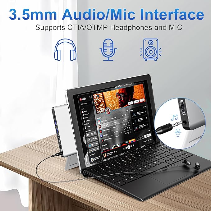 Surface Pro 9/10/11/X Docking Station Quad Display Surface pro 11 USB Hub with Dual 4K@60Hz HDMI USB-C (4K@60Hz Video+40Gbps Data+100W Charge) 2 USB3.0 SD/TF 3.5mm Mic for Surface Pro 11/10/9/X