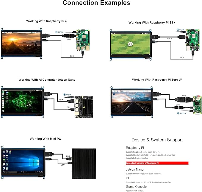 7 inch Capacitive Touch Screen IPS Screen Display 1024x600 Resolution 7 HDMI LCD Module for Raspberry Pi Jetson Nano Developer Kit PC Supports Various Systems