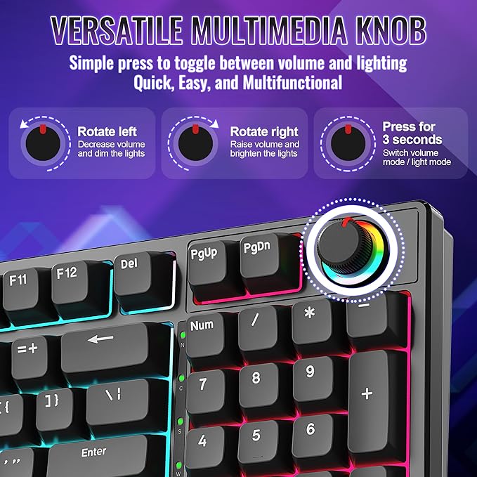 Mechanical Gaming Keyboard with Red Switches: 98 Keys PC Gaming Keyboard with BacklitMulti-Function Volume &amp Lighting KnobAnti-Ghosting Wired USB keybaord for Elite PC/Mac Gamers
