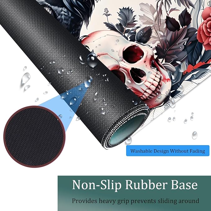 Large Game Mouse Pad + Wrist Support Pad + Coffee Coaster Desk Pad with Sewn Edges Anti-Slip Set pad Suitable for Office Work and Home - Rose Skull
