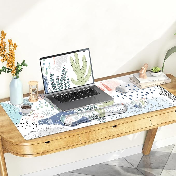 Large Gaming Mouse Pad Set 4 in 1 Extended Keyboard Desk Mat with Wrist Rest PC Computer Game Mousepad Set Non-Slip Desk Pad Protector Easy Typing Pain Relief for Home Office I Cactus Plants