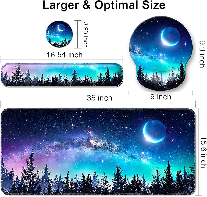 Mouse Pad + Desk Mat + Keyboard Wrist Rest + Coaster 4 in 1 Set Cute Ergonomic Large Gaming Mousepad with Wrist Rest Support Desk Pad for Computer Laptop Office Home Decor-Forest Moon